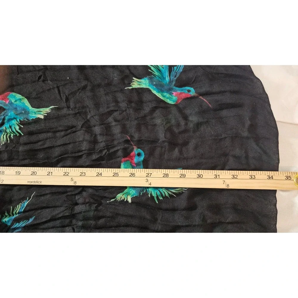 Lane Bryant Hummingbird Print Scarf Black Viscose Tassel Trim Lightweight Wrap